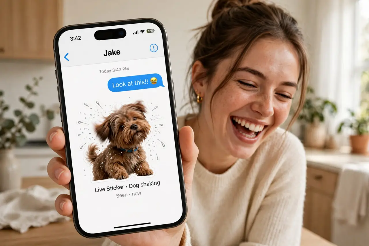 a person holding a real iPhone showing an animated live sticker of a real dog shaking, the person laughing, bright home setting. No black screen, no blank white screen, no fake or .