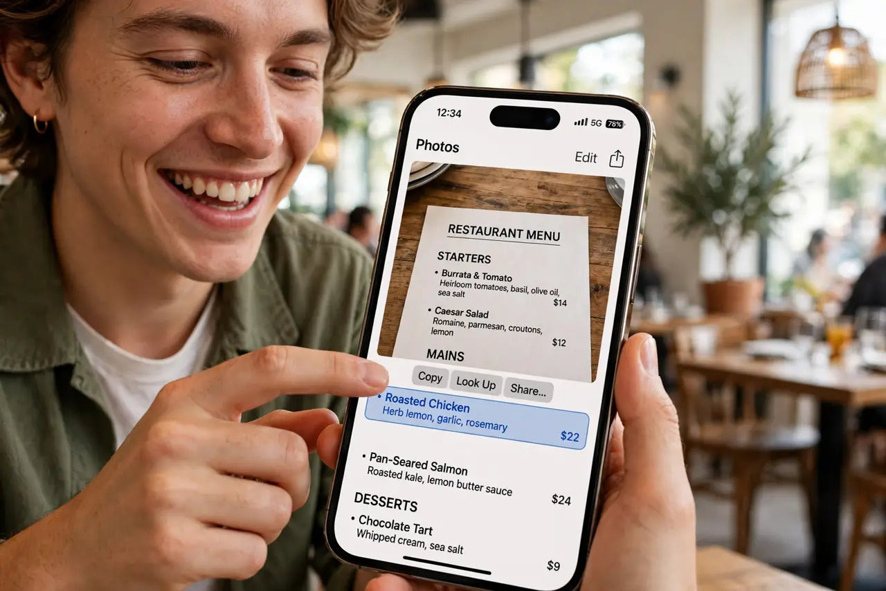 a person tapping text inside a real iPhone photo of a restaurant menu, the text highlighted and selectable, the person's face delighted, bright restaurant. No black screen, no blan.