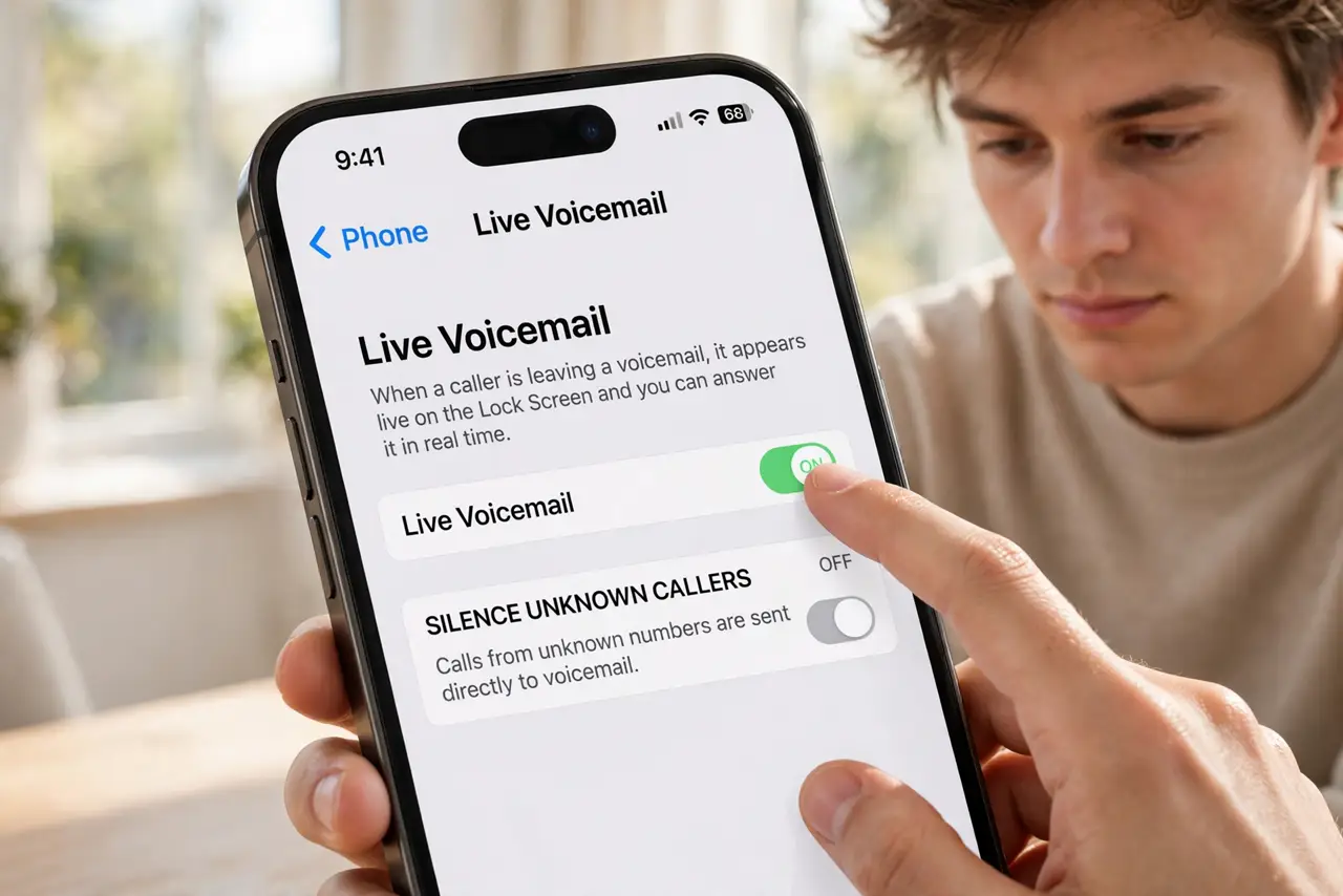 Photoreal photo of a person performing the first step: Turn on Live Voicemail. Go to Settings, then Phone, then Live Voicemail, and enable it. If t...