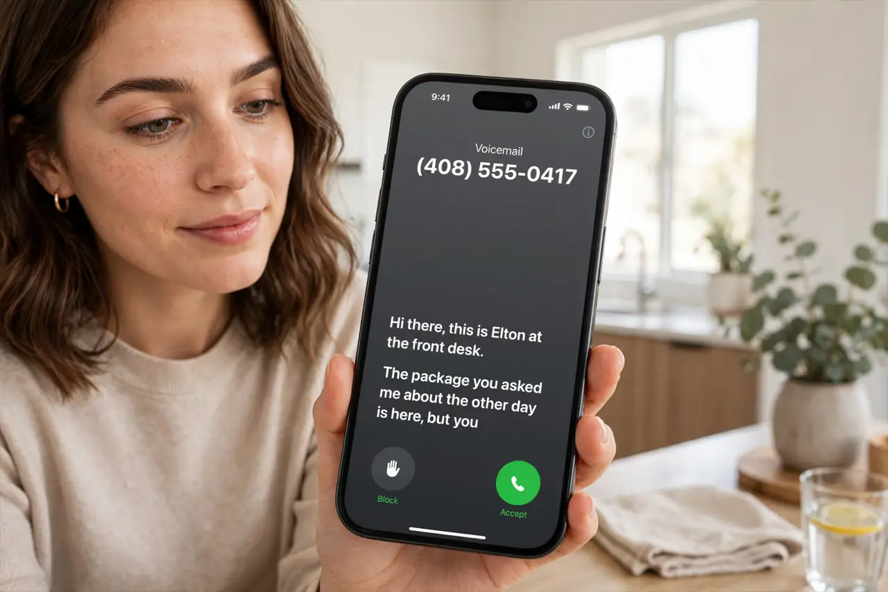 Photoreal photo: a person holding a real iPhone showing a legible Live Voicemail screen with a live transcript of an incoming message, the person's face intrigued, bright room. No black screen, no blank white scree...