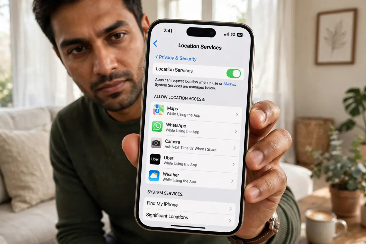 A person holding a real iPhone showing the Location Services settings screen with app permissions legible, the phone screen large and readable, the person's…