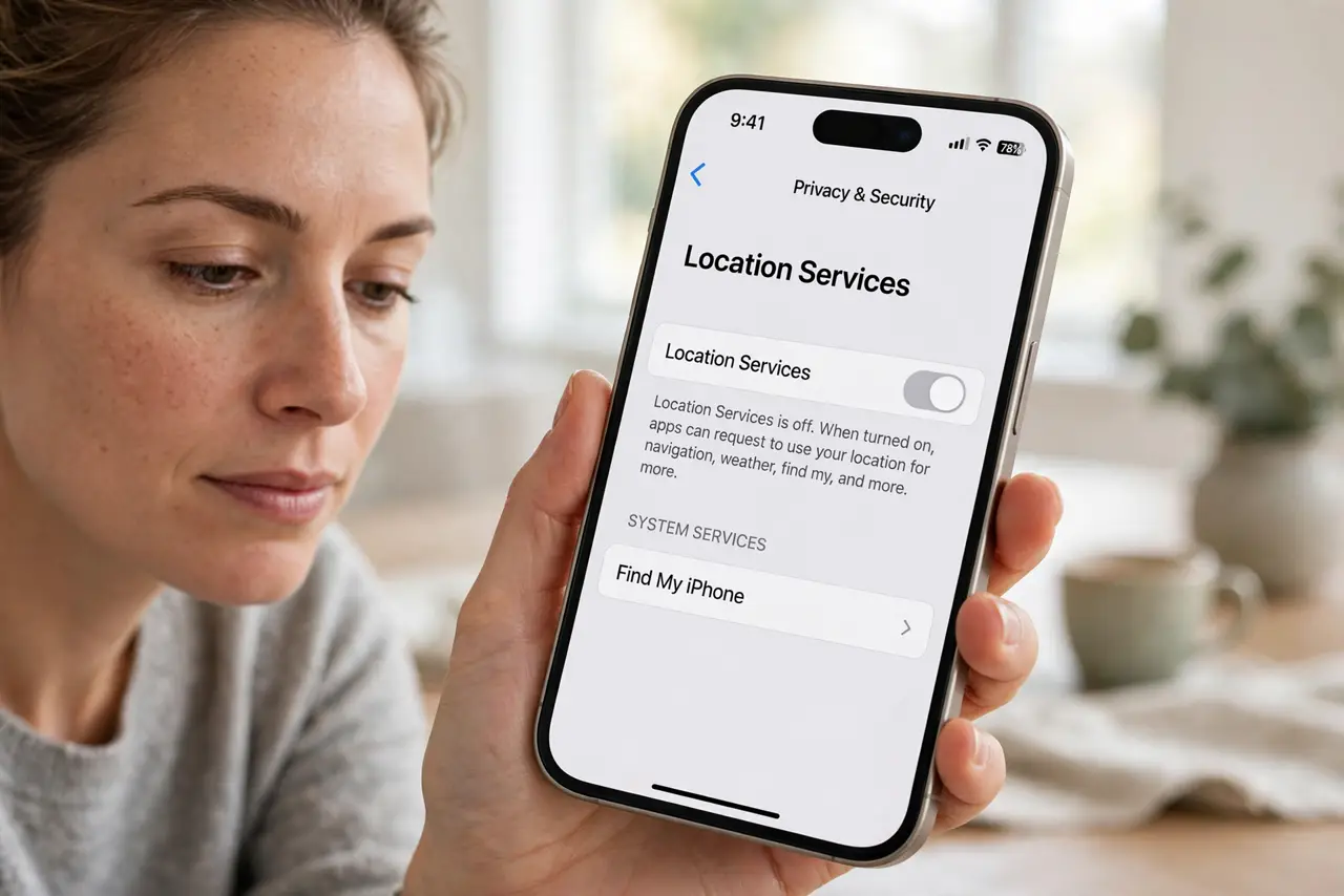 Person performing step 1: Turn on Location Services. Open Settings, then Privacy and Security, then Location Services, and make sure the main switch is on....