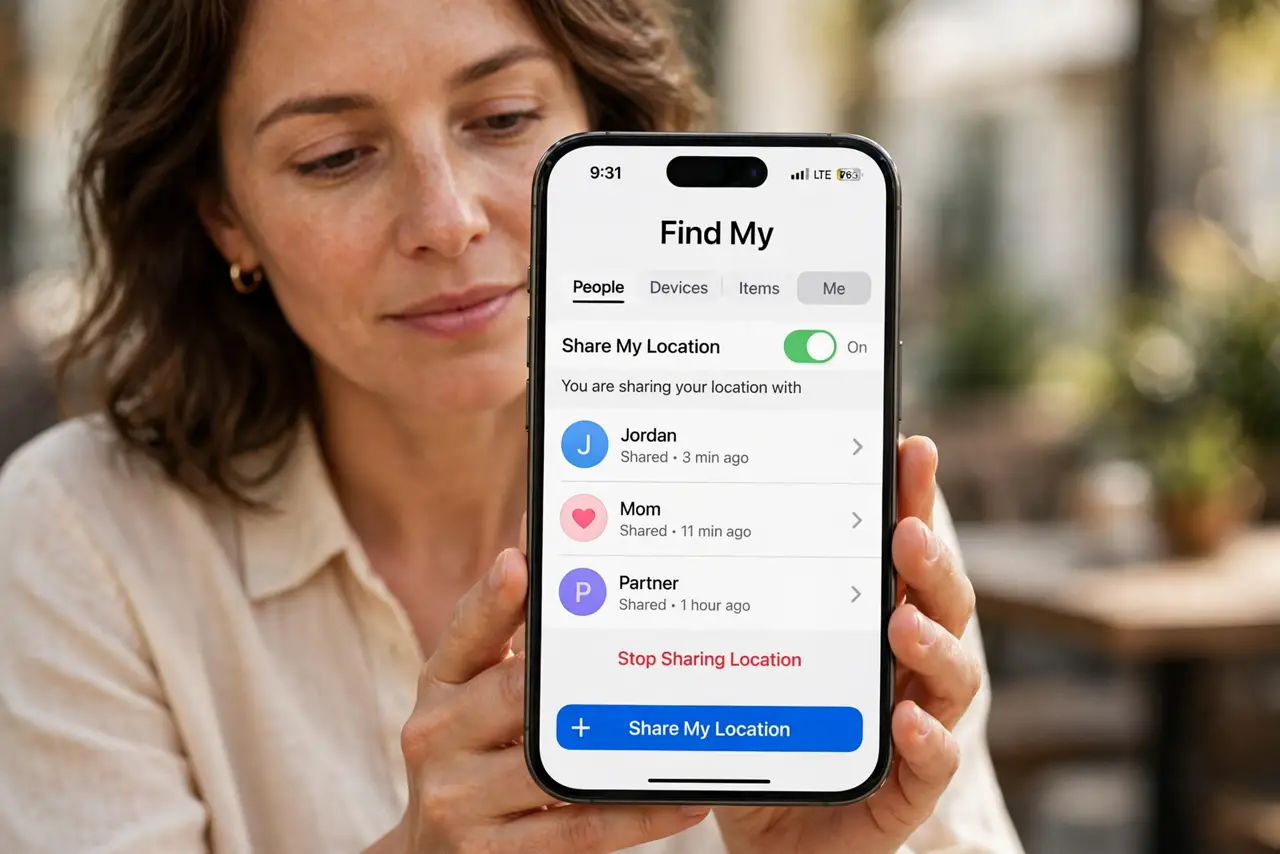 Photorealistic photo: A calm adult holding a real iPhone, the real Find My app visible complete and legible showing location sharing controls, the person checking calmly.