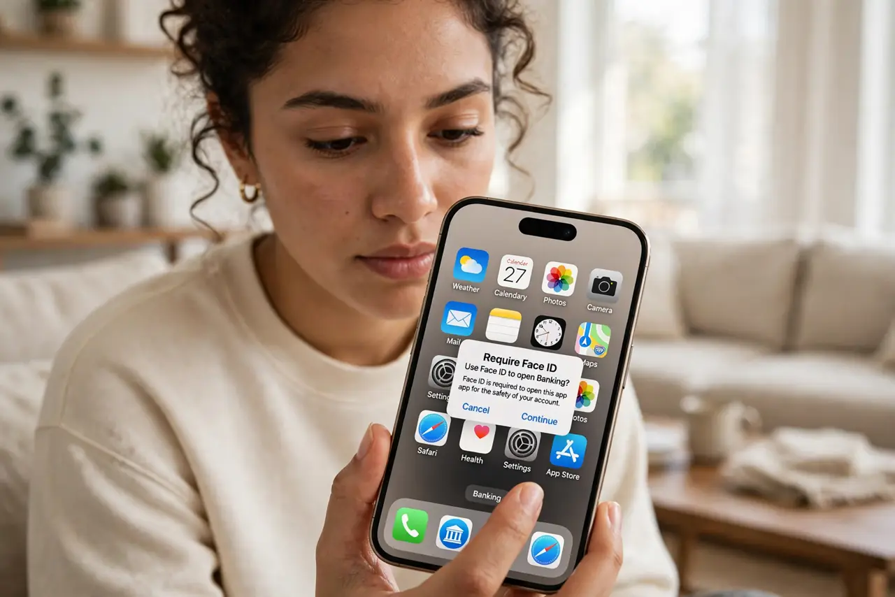 A person long-pressing an app icon on a real iPhone, the Require Face ID confirmation dialog fully legible on screen, the person's face focused in a living room.