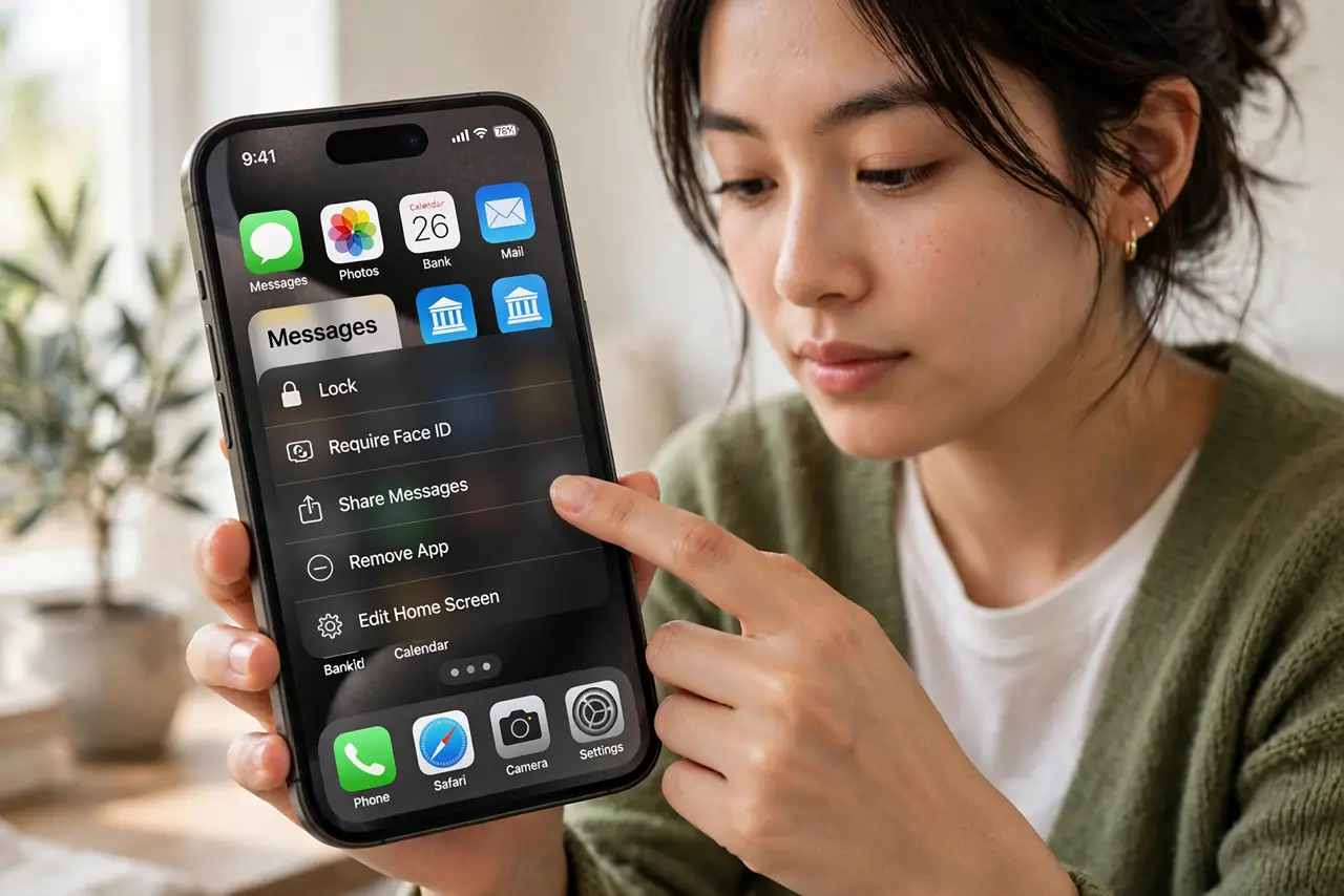 A person performing the guide's first step: Long-press the app icon. Press and hold the app you want to protect — Messages, Mail, banking, photos — until the quick menu appears. Most…