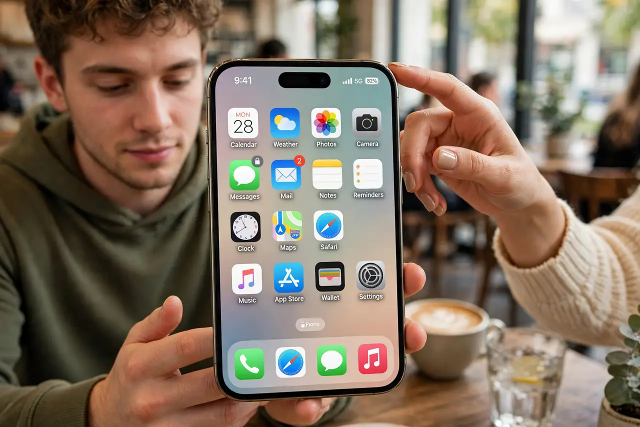 A person holding a real iPhone showing the home screen, a friend reaching toward it, a small Face ID lock icon visible on the Messages app, the owner's face calm, cafe.