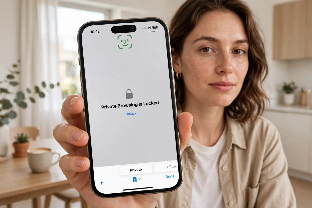 A person holding a real iPhone showing Safari with a Face ID lock prompt over private tabs legible on screen, the person's face calm, bright room.