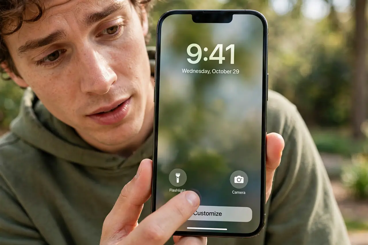 A person long-pressing a real iPhone lock screen showing the Customize button controls with the flashlight and camera slots fully legible, the person's face curious, daylight.