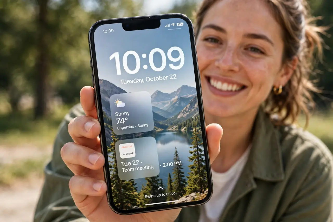 a person holding a real iPhone showing a customized lock screen with a photo wallpaper, a large clock, and small widgets for weather and calendar, the person's face pleased, bright.