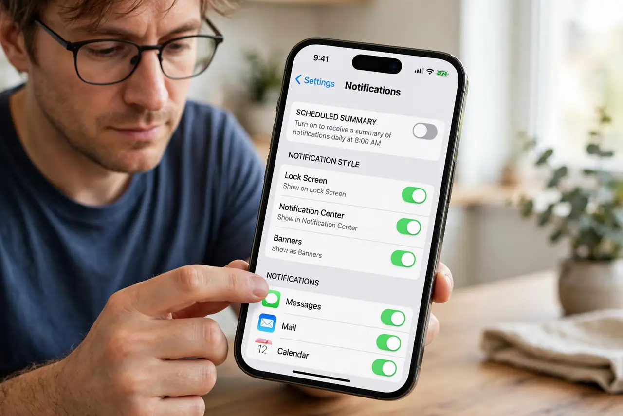Step 1 in action for Lock Screen Hides Notification Content: Open Notifications settings.
