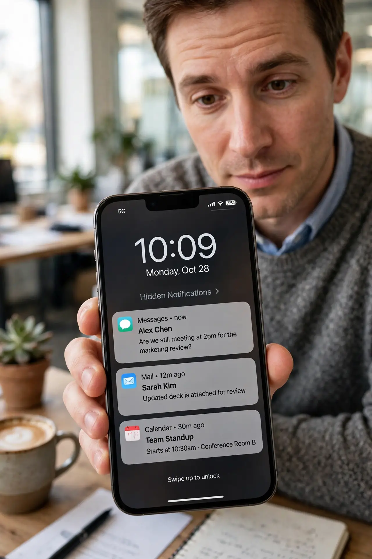 Lock Screen Hides Notification Content — a calm adult holding a real iPhone showing the lock screen with hidden notification previews in fully legible