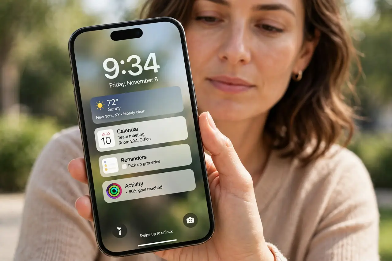 Photorealistic photo: A calm adult holding a real iPhone, the real Lock Screen visible complete and legible with small widgets showing information, the person holding the phone calmly.