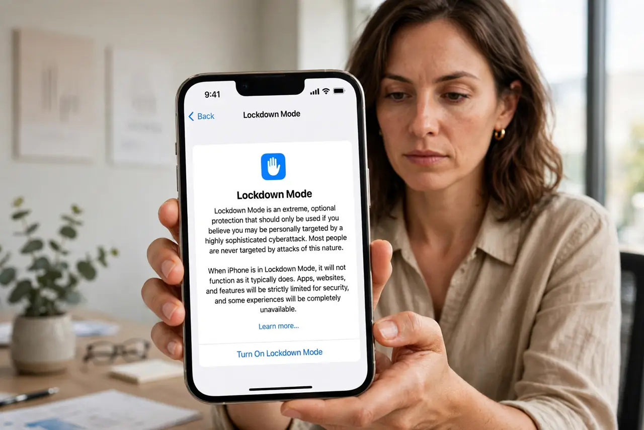 a person holding an iPhone showing the Lockdown Mode settings screen with legible text, in a quiet office, the person's face serious and deliberate.