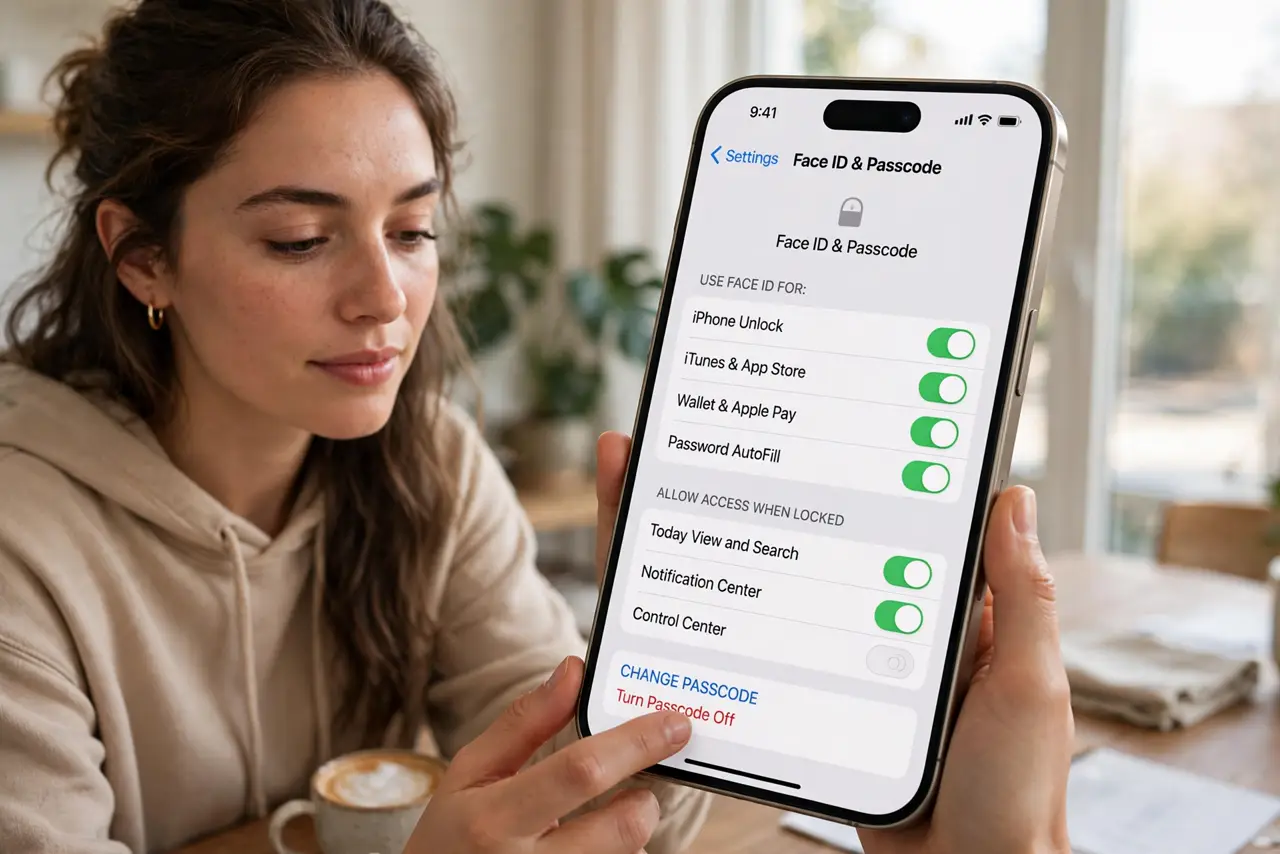 Photoreal photo of a person performing the first step: Open the passcode settings. Go to Settings > Face ID & Passcode and enter your current passc...