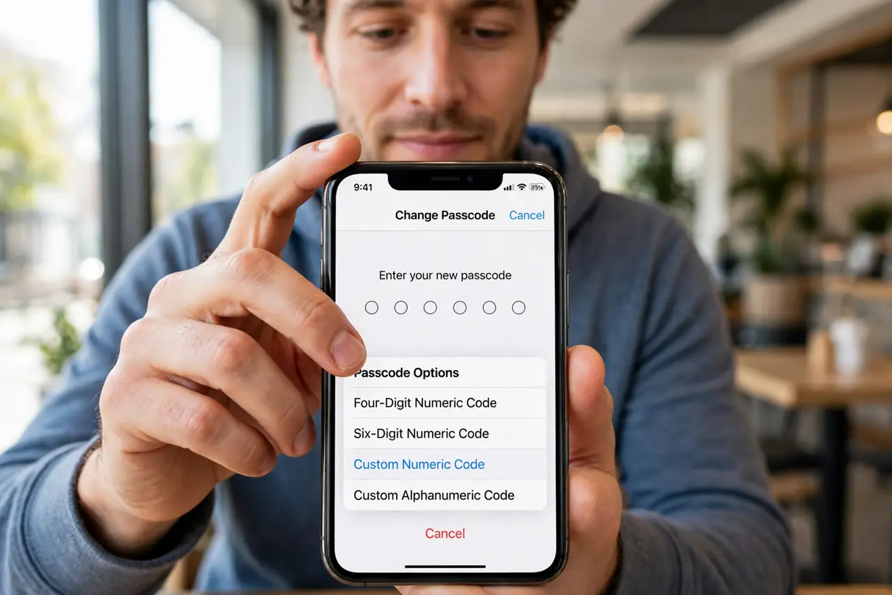 Photoreal photo: a person holding a real iPhone showing the Change Passcode screen with passcode options visible and legible, the person's thumb about to tap, face focused, indoor lighting. No black screen, no blan...
