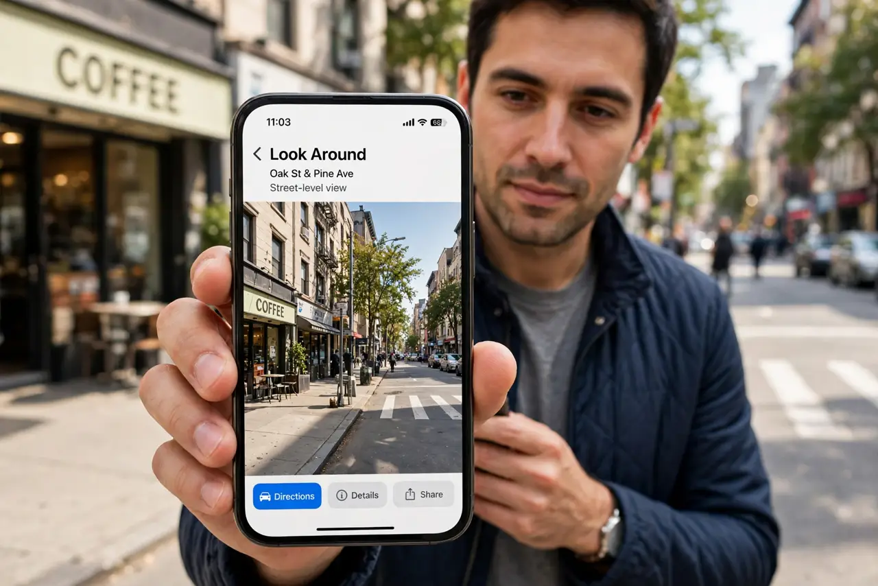 a person holding a real iPhone showing a legible street-level panorama in Apple Maps, a city street visible behind them for comparison, the person's face cur...