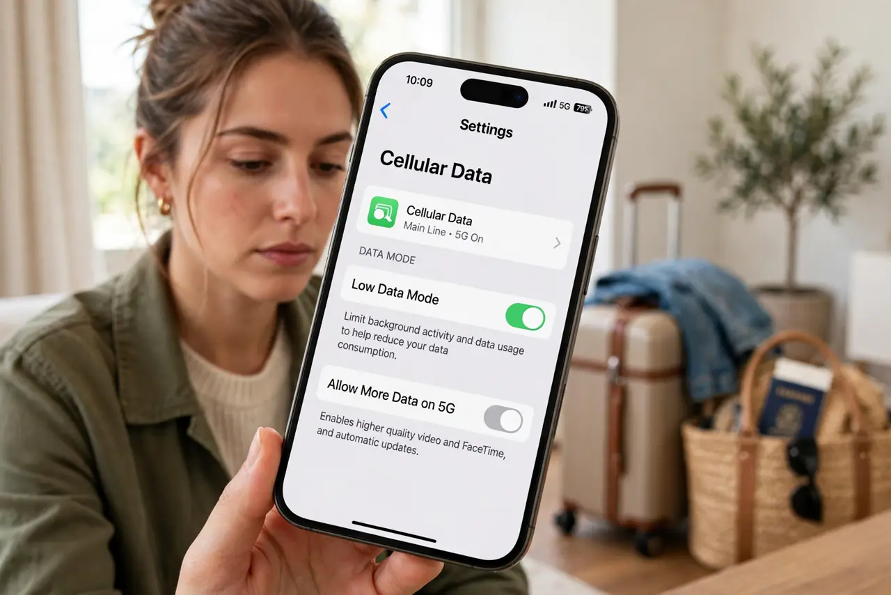 A person holding a real iPhone showing Settings with the Low Data Mode toggle legible on screen, travel luggage visible in the background, the person's face…