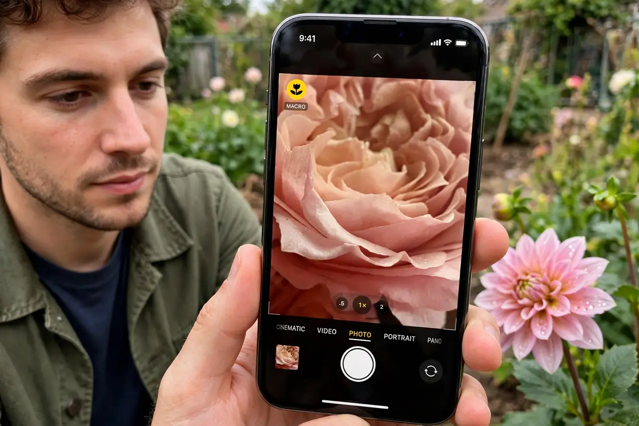 A person holding a real iPhone close to a flower with the macro flower icon visible and legible in the camera viewfinder, the person's face focused, in a garden.