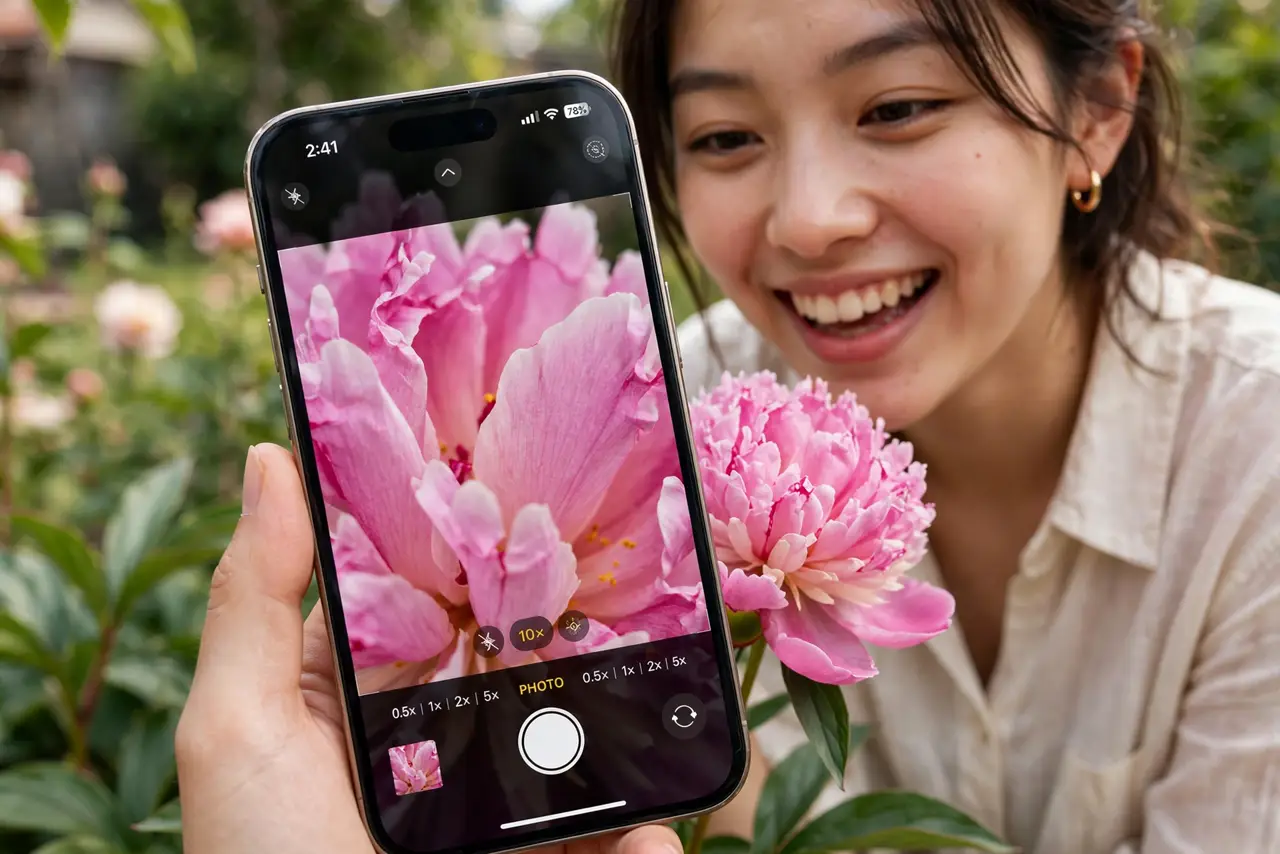 A person holding a real iPhone very close to a real flower, the screen showing a legible extreme close-up of petals, the person's face delighted, garden…