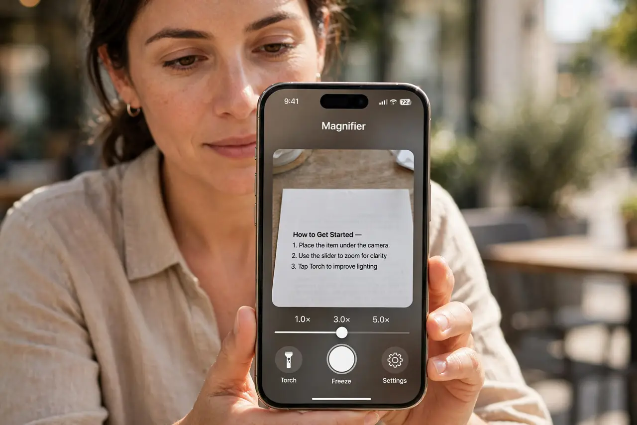 A person calmly performing the guide's first step: Open the Magnifier app.