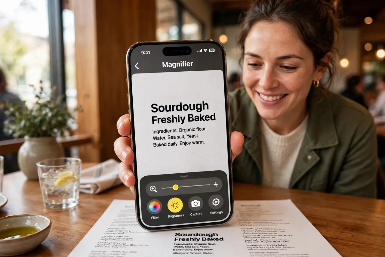 a person holding a real iPhone as a magnifier over tiny printed text, the magnified text legible on screen, the person's face relieved, warm restaurant light. No black screen, no b.