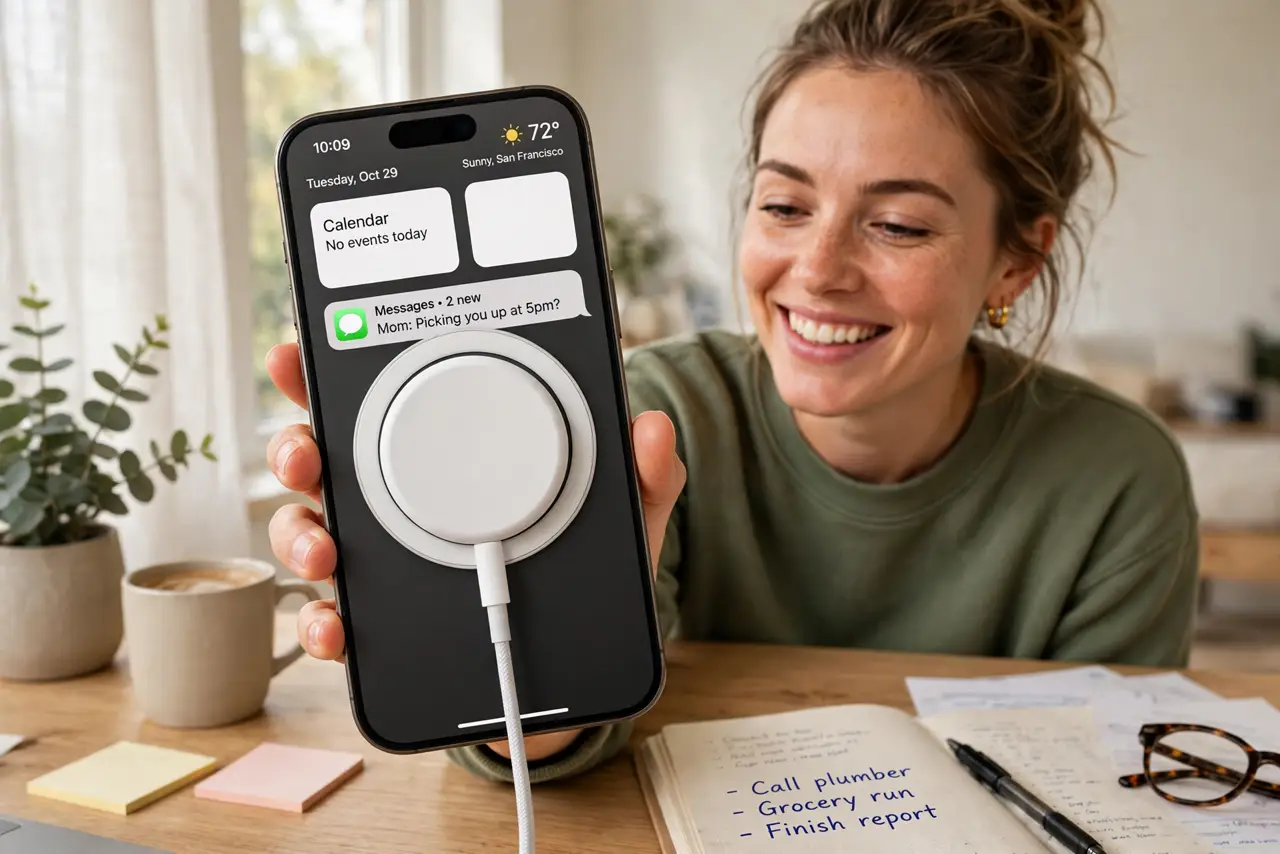 A person holding a real iPhone with a real MagSafe charger snapping onto its back with the magnetic ring visible, the person's face pleased, bright desk.