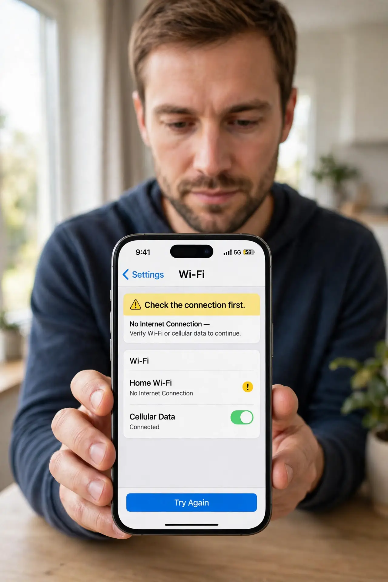 Person performing step 1: Check the connection first. Switch to stable Wi-Fi if you are on a weak signal, and open a web page to confirm the connection works....