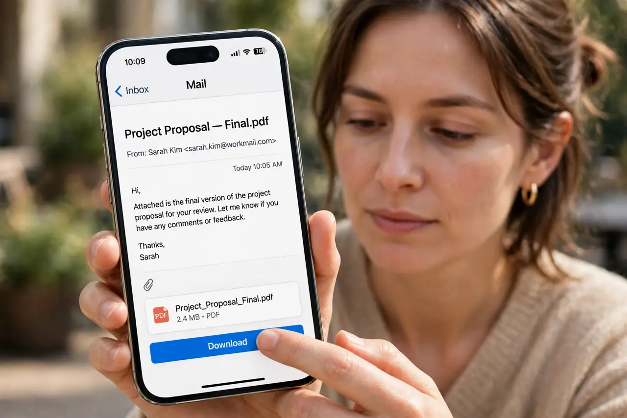Photorealistic photo: A calm adult holding a real iPhone, a real email message visible complete and legible with an attachment ready to download, the person tapping calmly.