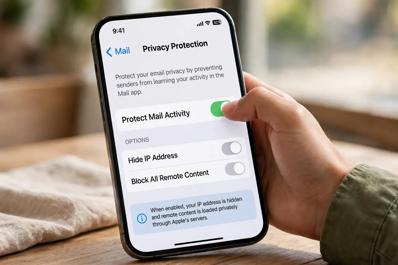 A person carrying out step one: turn on protect mail activity.