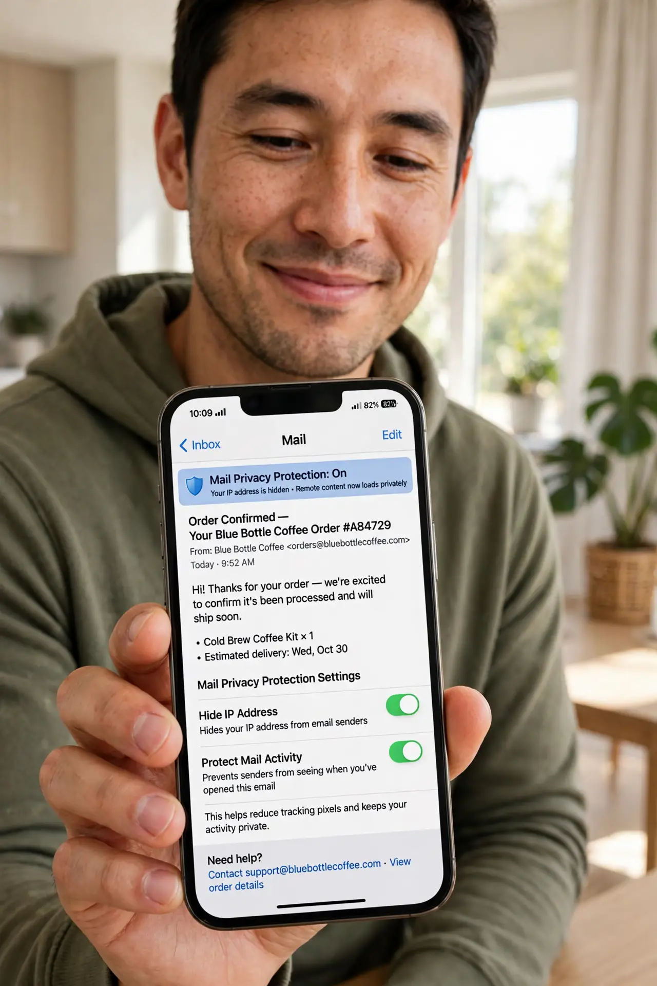 A relieved person holding a real iPhone showing the Mail app with a legible email and Mail Privacy settings, the person's face calm, bright room.