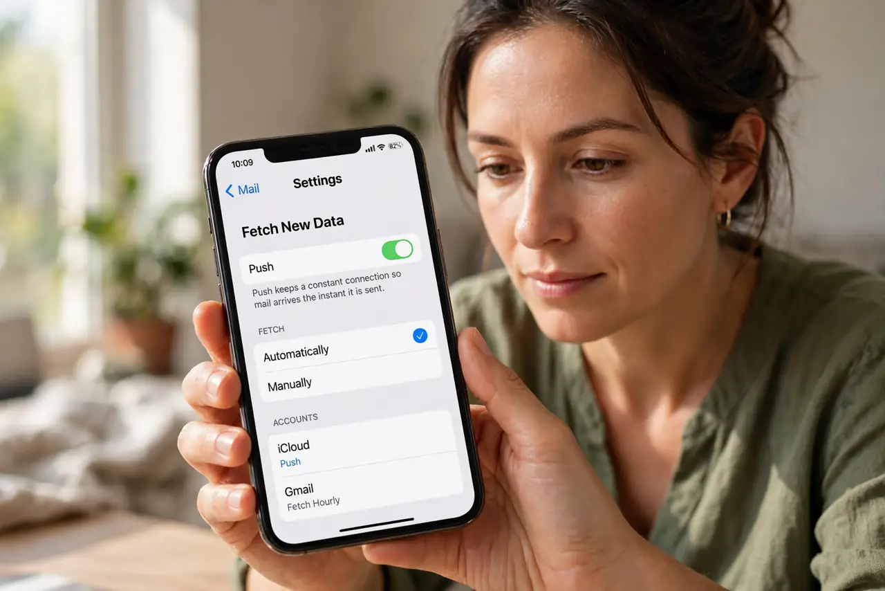 Step 1 in action for Mail Push vs Fetch: Battery and Speed: Understand Push. Push keeps a constant connection so mail arrives the instant it is sent.