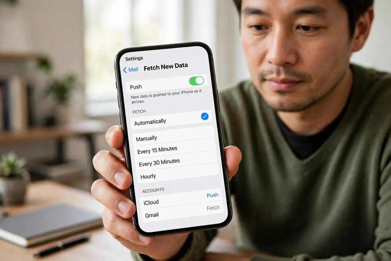 Mail Push vs Fetch: Battery and Speed — a calm adult holding a real iPhone showing mail fetch settings with push and fetch options in fully legible te