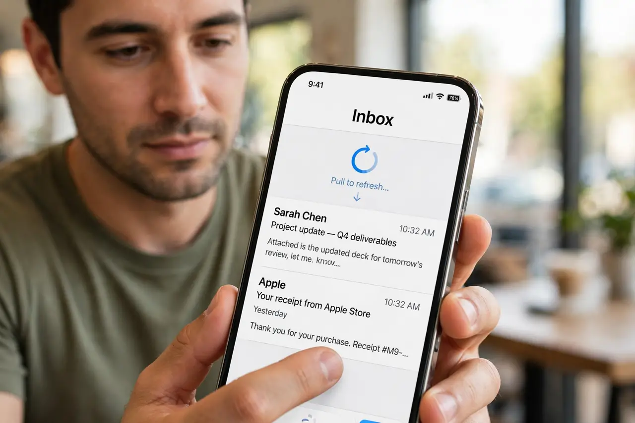 Person performing step 1: Pull to refresh the inbox. Open Mail, go to the inbox, and pull down until the refresh spinner appears. Wait for it to finish before...