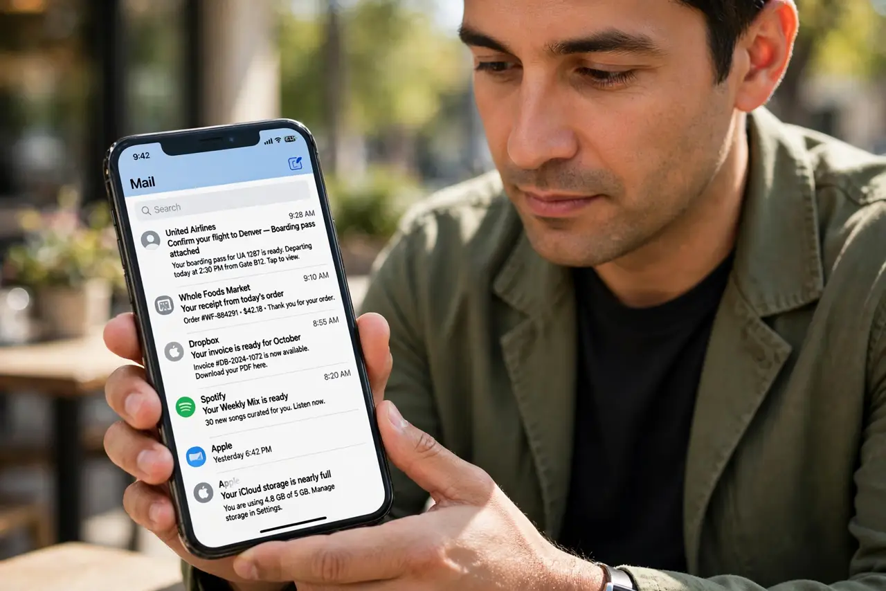 Photorealistic photo: A calm adult holding a real iPhone, the real Mail inbox visible complete and legible with recent messages listed, the person checking email calmly.