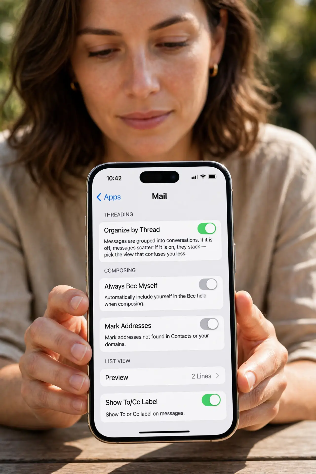 Mail Thread View Mixes Up Conversations — step 1 being performed on the device.