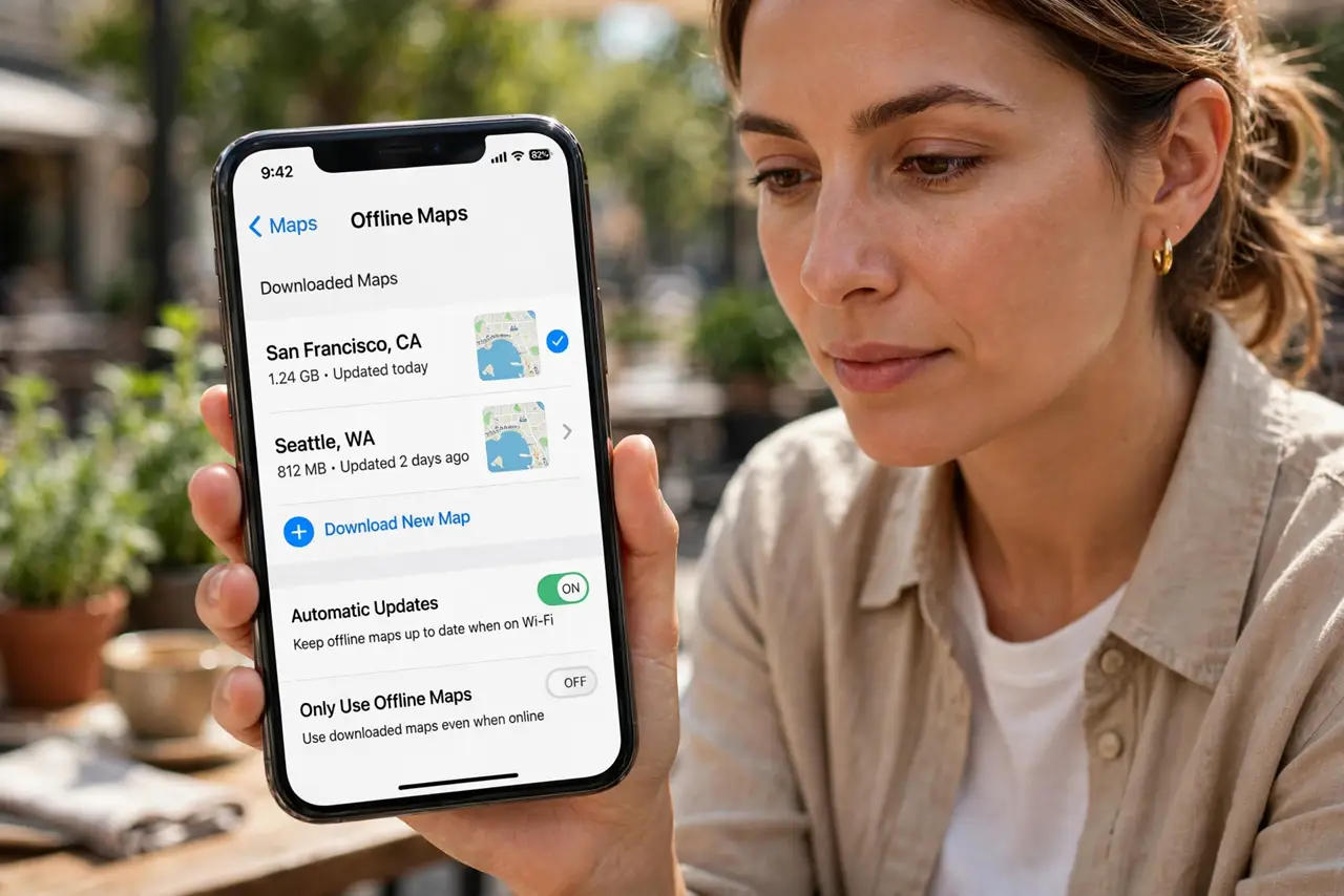 A person calmly performing the guide's first step: Open offline maps.