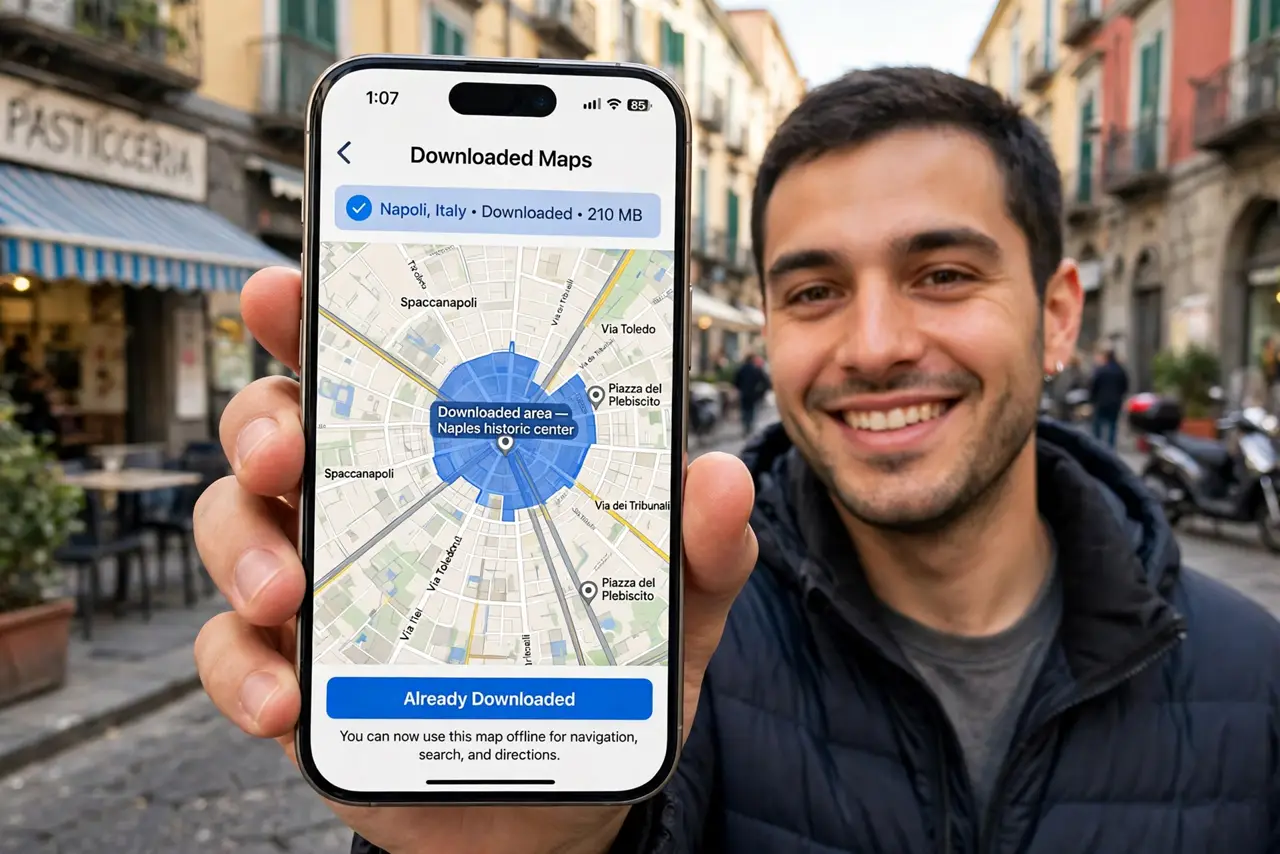 a person holding a real iPhone showing a downloaded offline map region highlighted on screen, a foreign street scene behind, the person's face relieved, daylight. No black screen, .