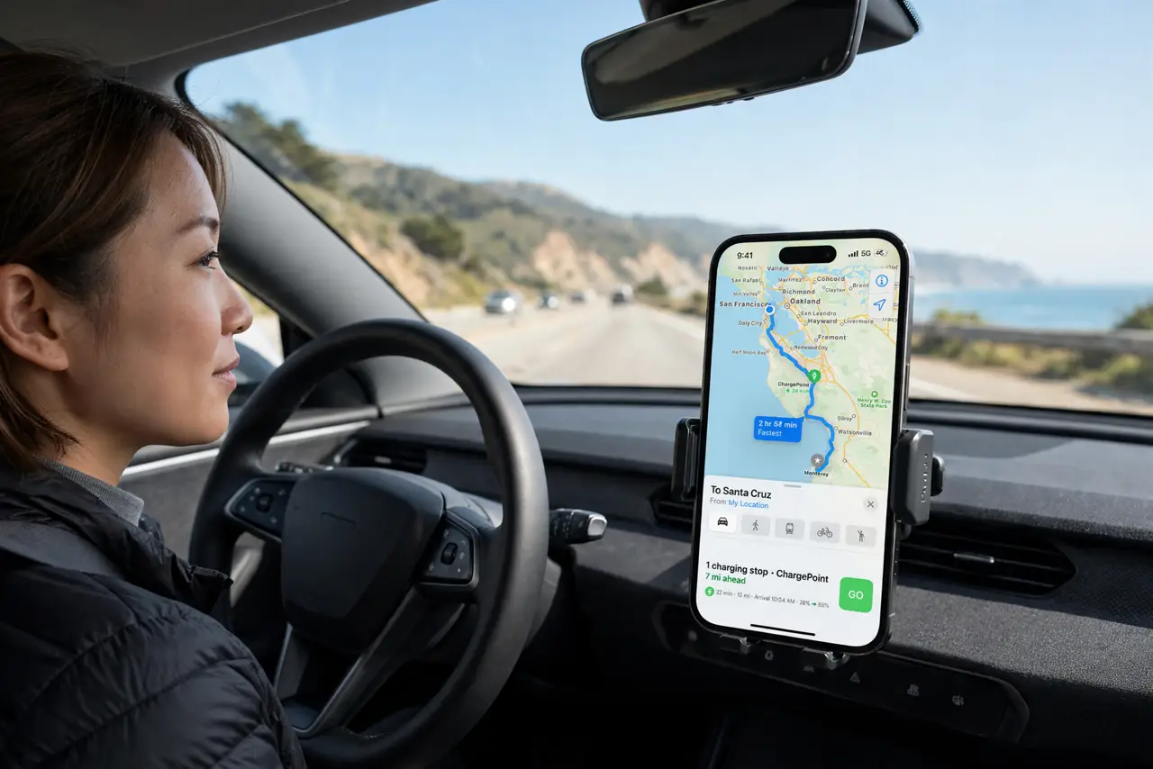 a person in an electric car driver seat, an iPhone mounted showing Apple Maps with an EV route and a charging stop legible on screen, the road ahead visible, the person's face calm, daytime.