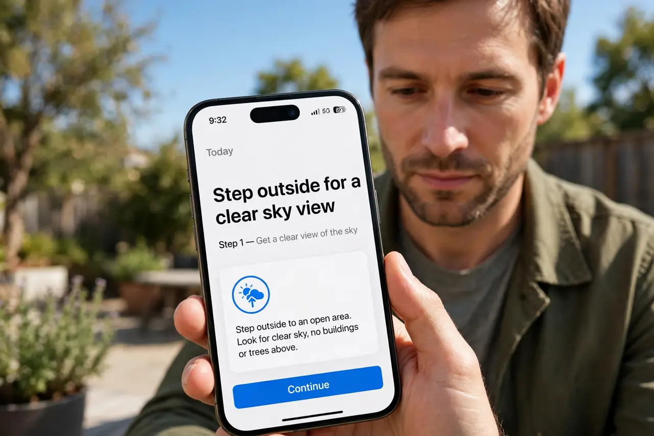 Person performing step 1: Step outside for a clear sky view. Move outdoors with a clear view of the sky. GPS struggles indoors, in parking garages, and between...