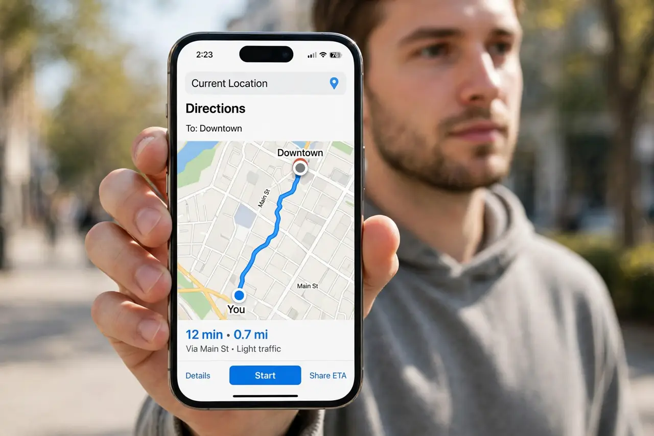 Photorealistic photo: A calm adult holding an iPhone toward the viewer, the real iPhone screen showing the Maps app with a location dot and route legible.