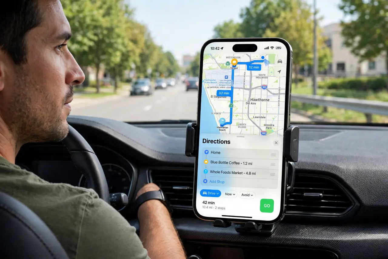 a person in a car driver seat, an iPhone mounted showing Apple Maps with a multi-stop route and three legible stop pins, the road ahead visible, the person's face focused, daytime.