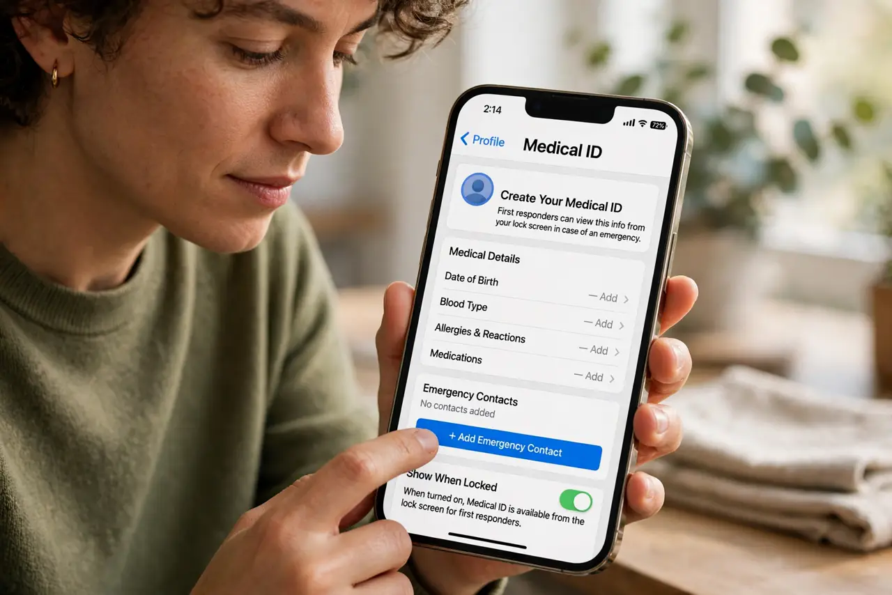 A person performing the first step of the guide: Open the Health app Medical ID.