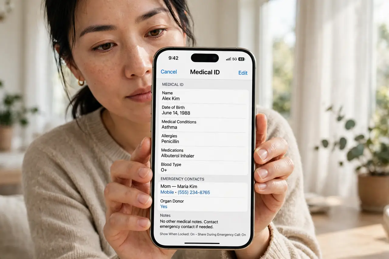 a person holding a real iPhone showing the Medical ID screen with legible emergency info fields, the person's face serious and thoughtful, bright room.