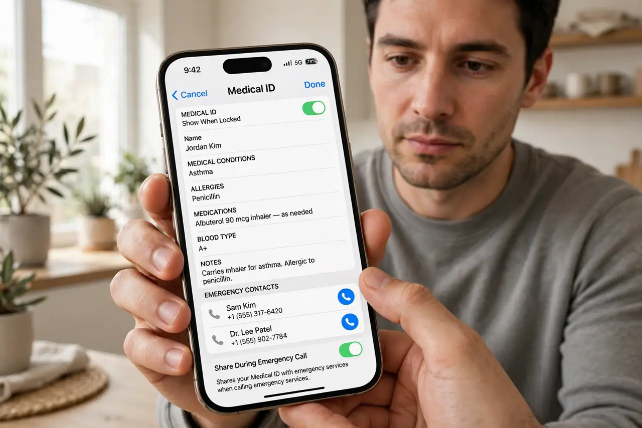 Photoreal photo of a person performing the first step: Set it up on iPhone. Open the Health app, tap your profile picture, choose Medical ID, and fill in conditions, allergies, medications, blood type, and...