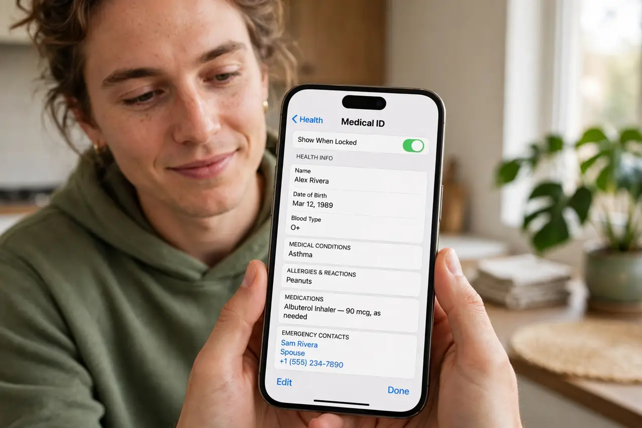 Photoreal photo: a person setting up Medical ID on a real iPhone showing the health info form with legible fields, the person's face calm and responsible, bright home interior. No black screen, no blank white screen, no