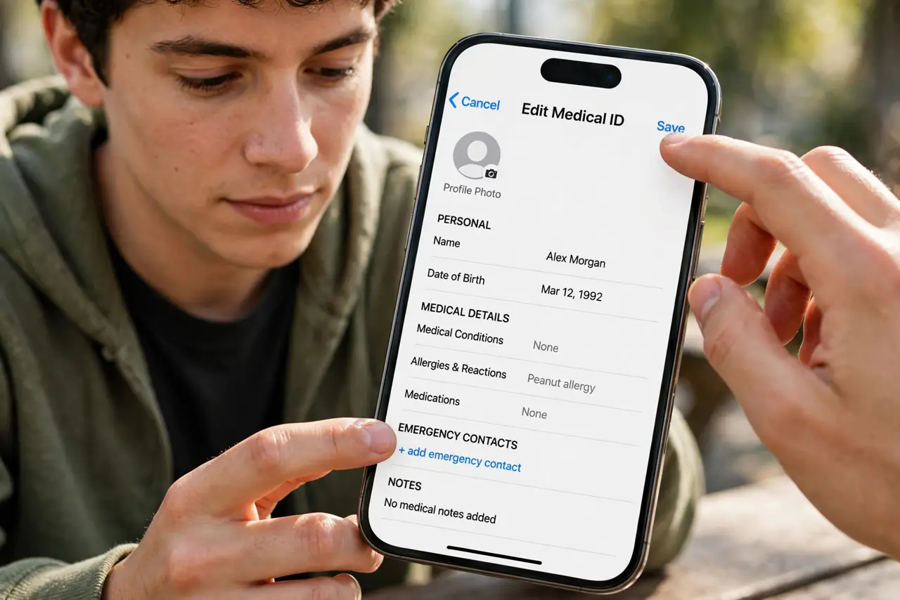 A person performing step 1: Open Medical ID in the Health app.