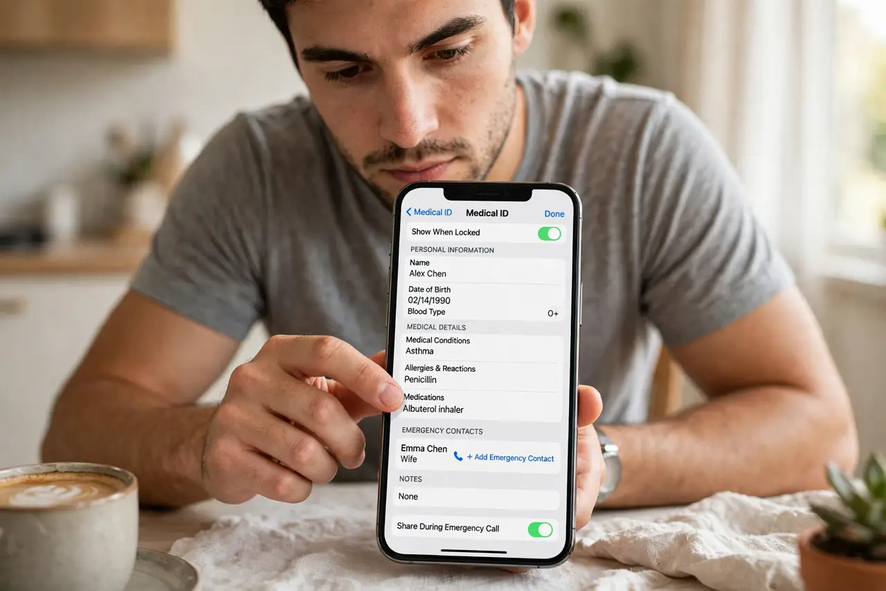 A person filling in Medical ID on a real iPhone with the emergency medical fields fully legible, the person's face serious and careful, at home.