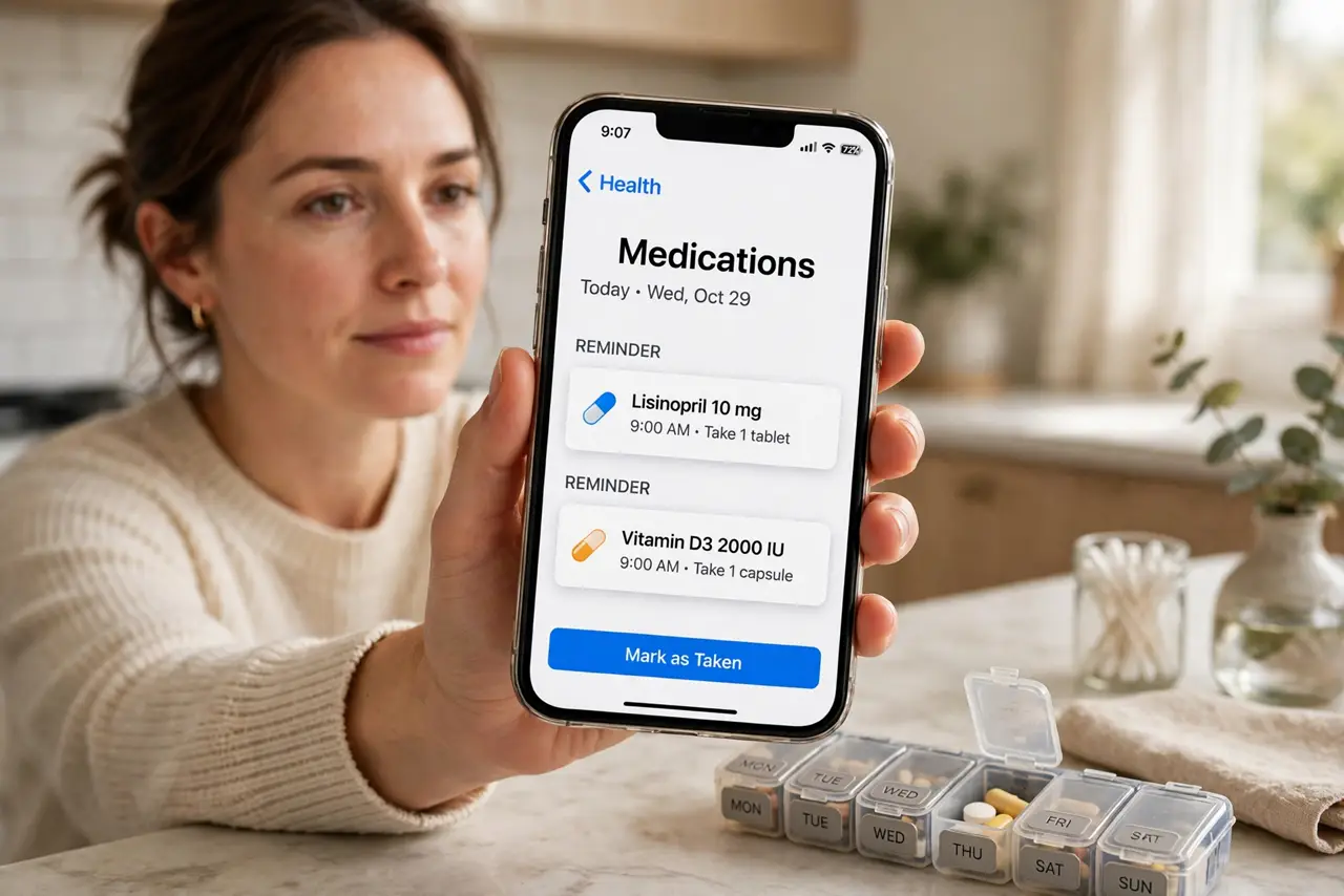 a person holding a real iPhone showing the Health app medication reminder screen, a real pill organizer on the kitchen counter beside them, morning light, the person's face calm an.