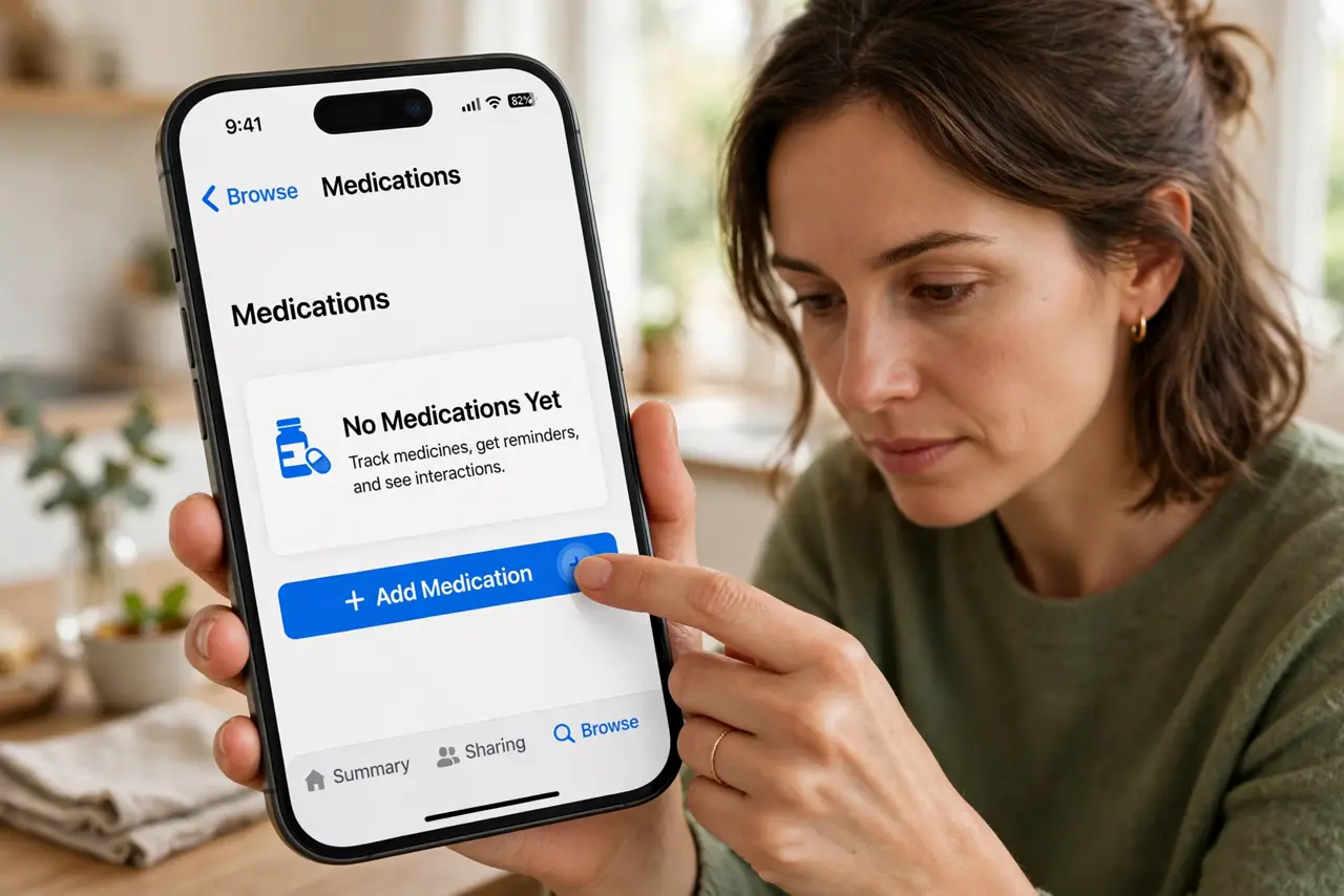 A person carrying out step one: add each medication.