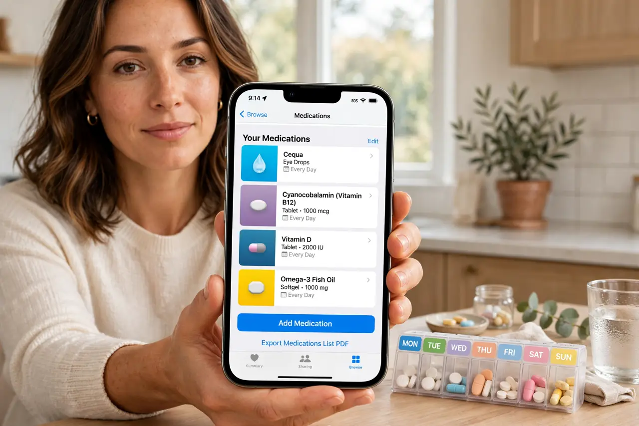 A woman holding an iPhone showing the Medications list with pill names legible, a weekly pill organizer on the kitchen counter beside her, her face calm and…